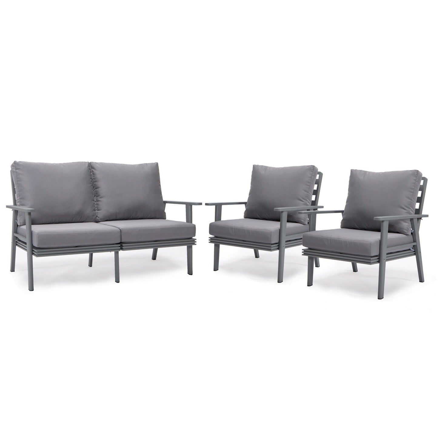 Walbrooke Modern 3-Piece Outdoor Patio Set with Grey Aluminum Frame and Removable Cushions Loveseat and Set of 2 Armchairs