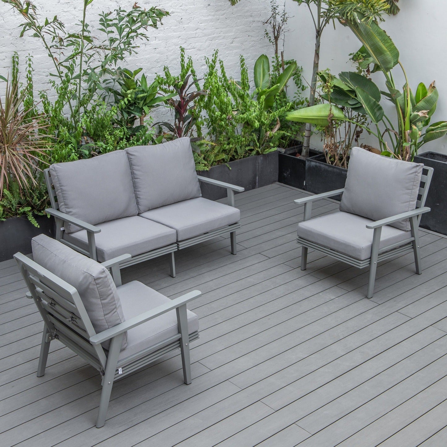 Walbrooke Modern 3-Piece Outdoor Patio Set with Grey Aluminum Frame and Removable Cushions Loveseat and Set of 2 Armchairs