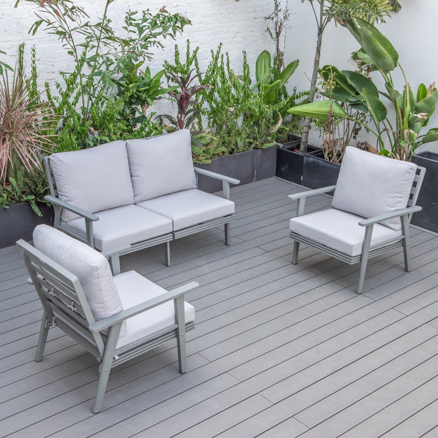 Walbrooke Modern 3-Piece Outdoor Patio Set with Grey Aluminum Frame and Removable Cushions Loveseat and Set of 2 Armchairs