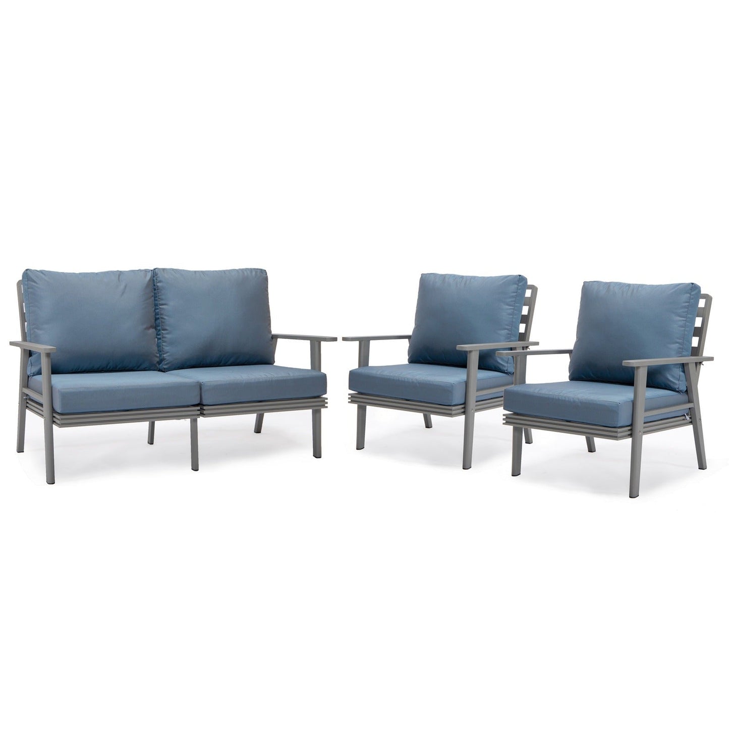 Walbrooke Modern 3-Piece Outdoor Patio Set with Grey Aluminum Frame and Removable Cushions Loveseat and Set of 2 Armchairs