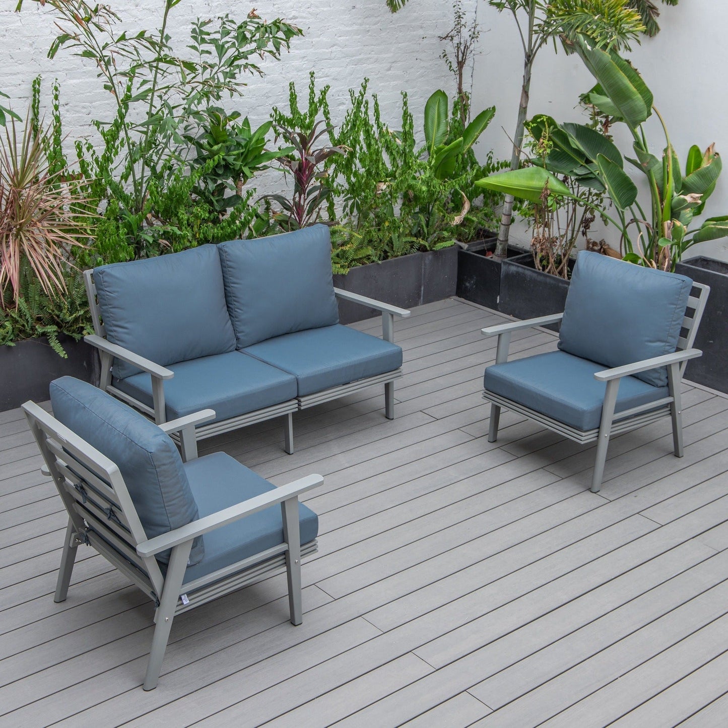 Walbrooke Modern 3-Piece Outdoor Patio Set with Grey Aluminum Frame and Removable Cushions Loveseat and Set of 2 Armchairs