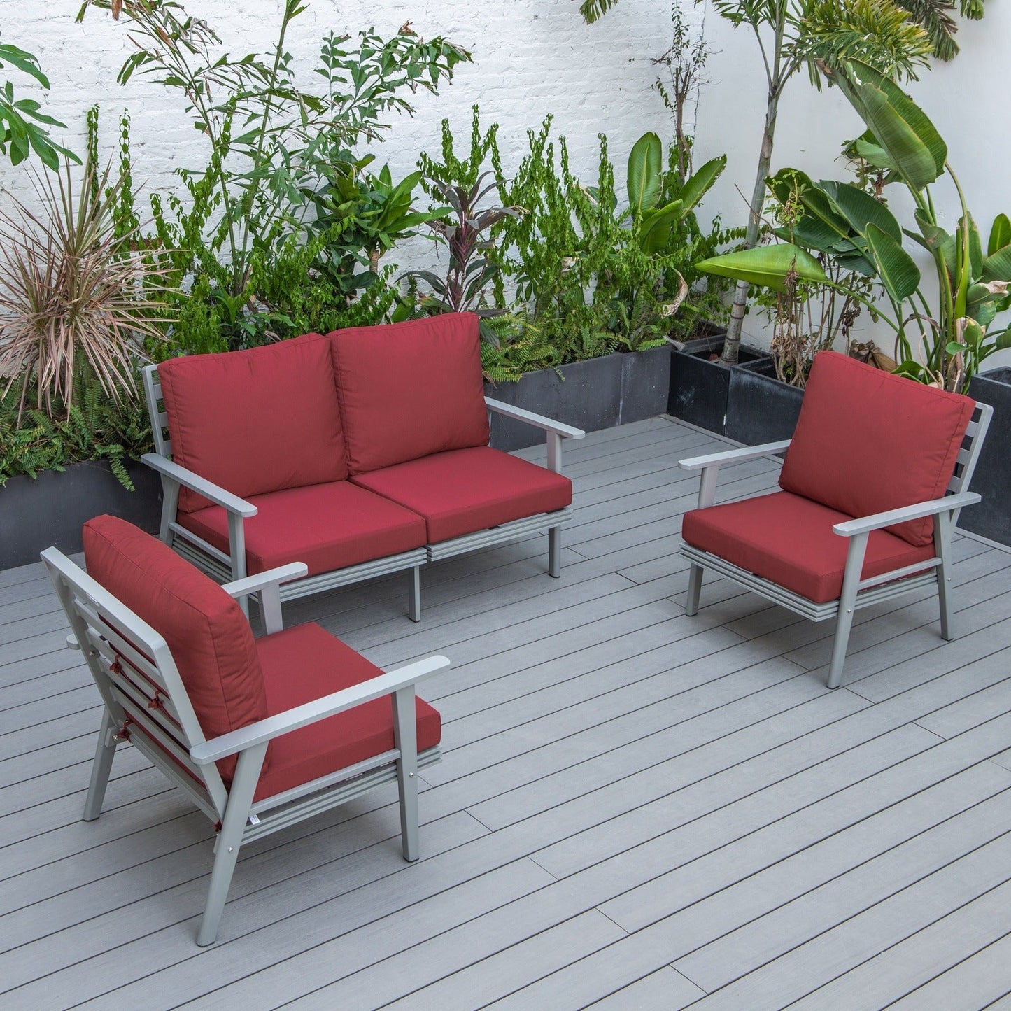 Walbrooke Modern 3-Piece Outdoor Patio Set with Grey Aluminum Frame and Removable Cushions Loveseat and Set of 2 Armchairs