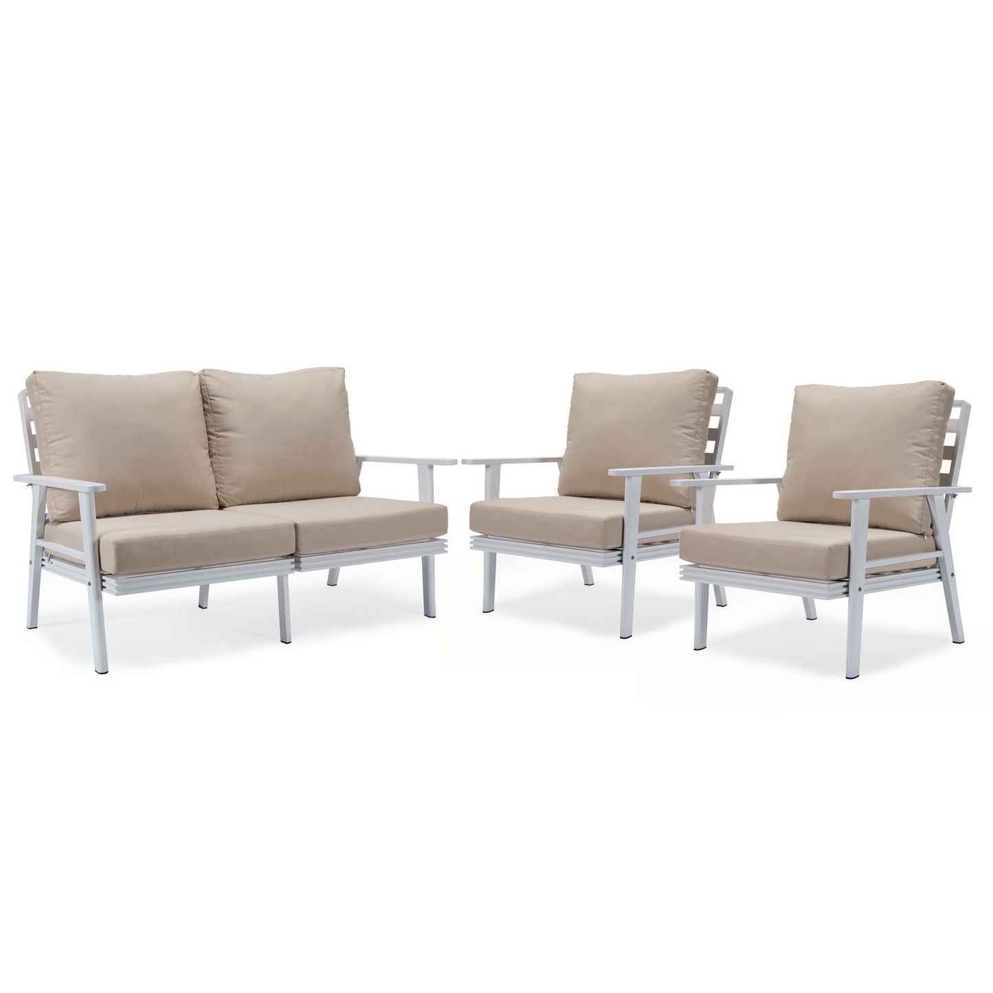 Walbrooke Modern 3-Piece Outdoor Patio Set with White Aluminum Frame and Removable Cushions Loveseat and Set of 2 Armchairs