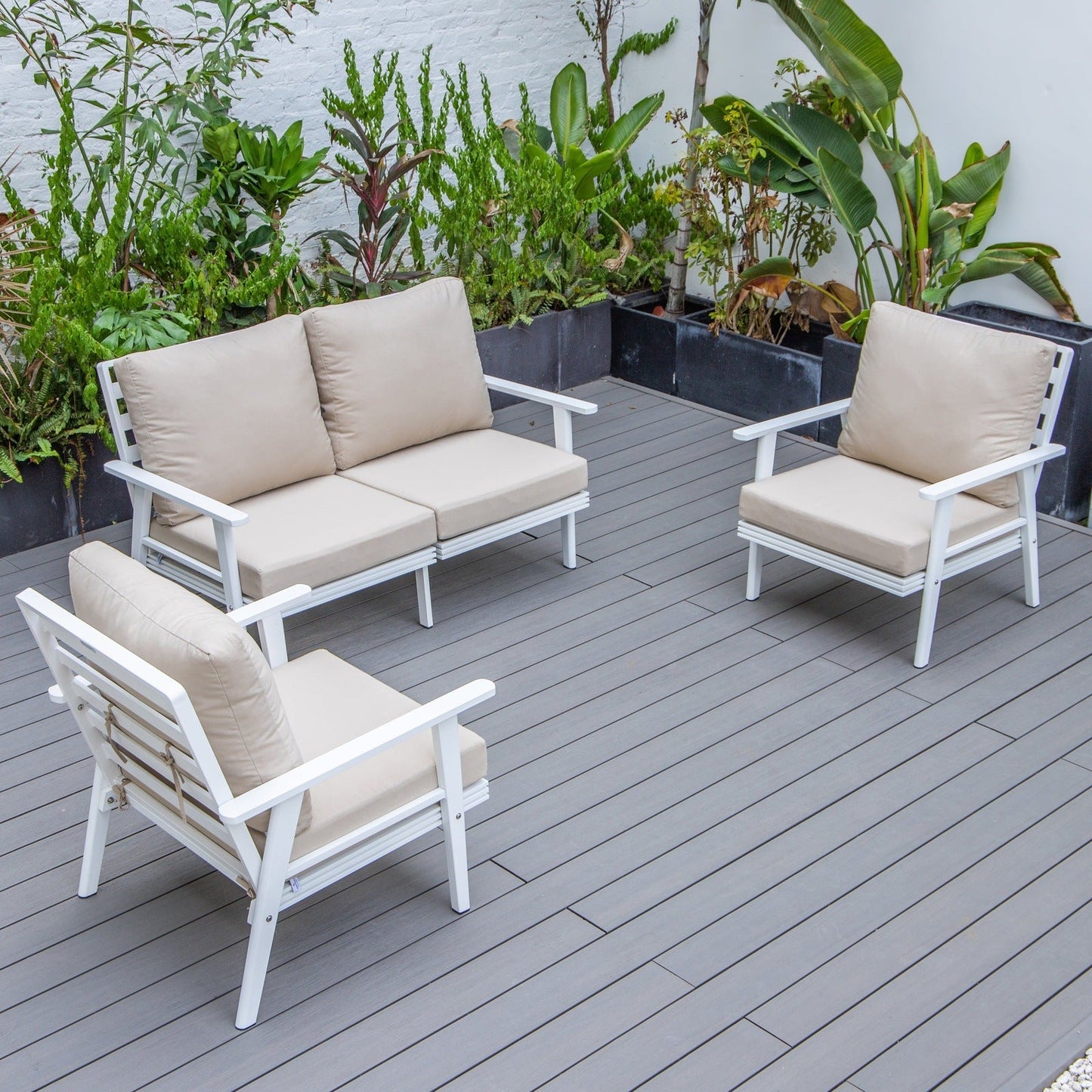 Walbrooke Modern 3-Piece Outdoor Patio Set with White Aluminum Frame and Removable Cushions Loveseat and Set of 2 Armchairs