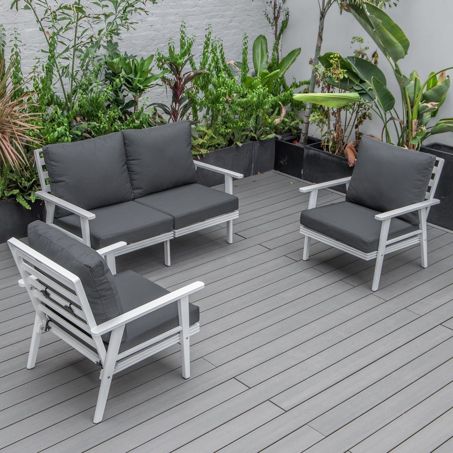 Walbrooke Modern 3-Piece Outdoor Patio Set with White Aluminum Frame and Removable Cushions Loveseat and Set of 2 Armchairs