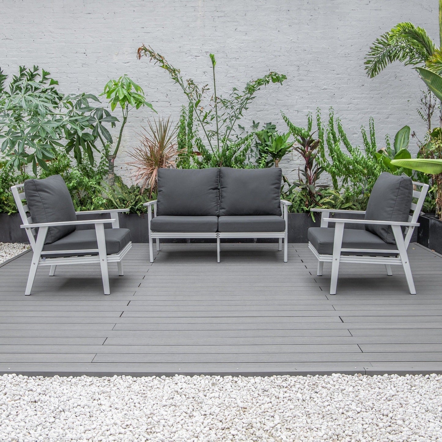 Walbrooke Modern 3-Piece Outdoor Patio Set with White Aluminum Frame and Removable Cushions Loveseat and Set of 2 Armchairs