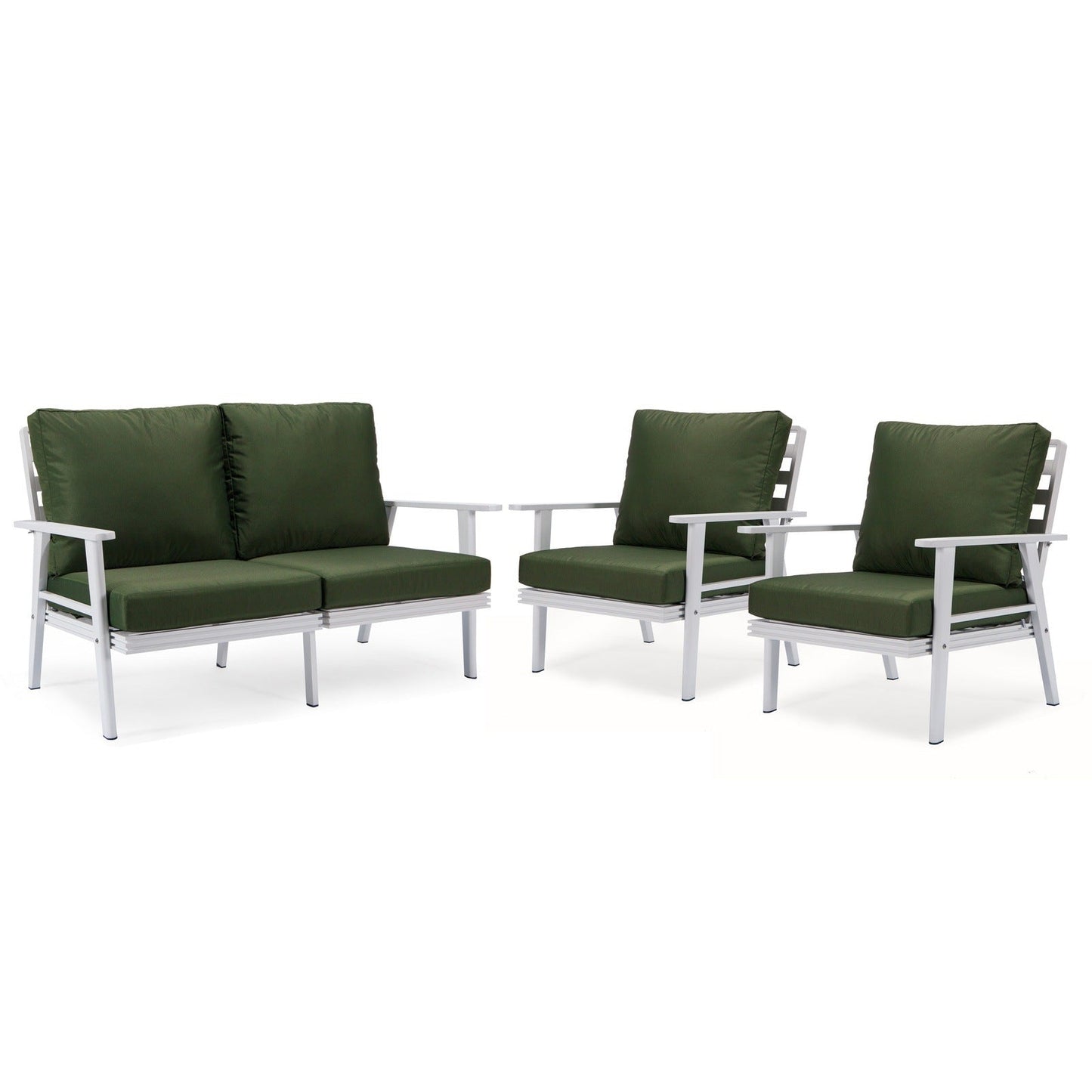 Walbrooke Modern 3-Piece Outdoor Patio Set with White Aluminum Frame and Removable Cushions Loveseat and Set of 2 Armchairs