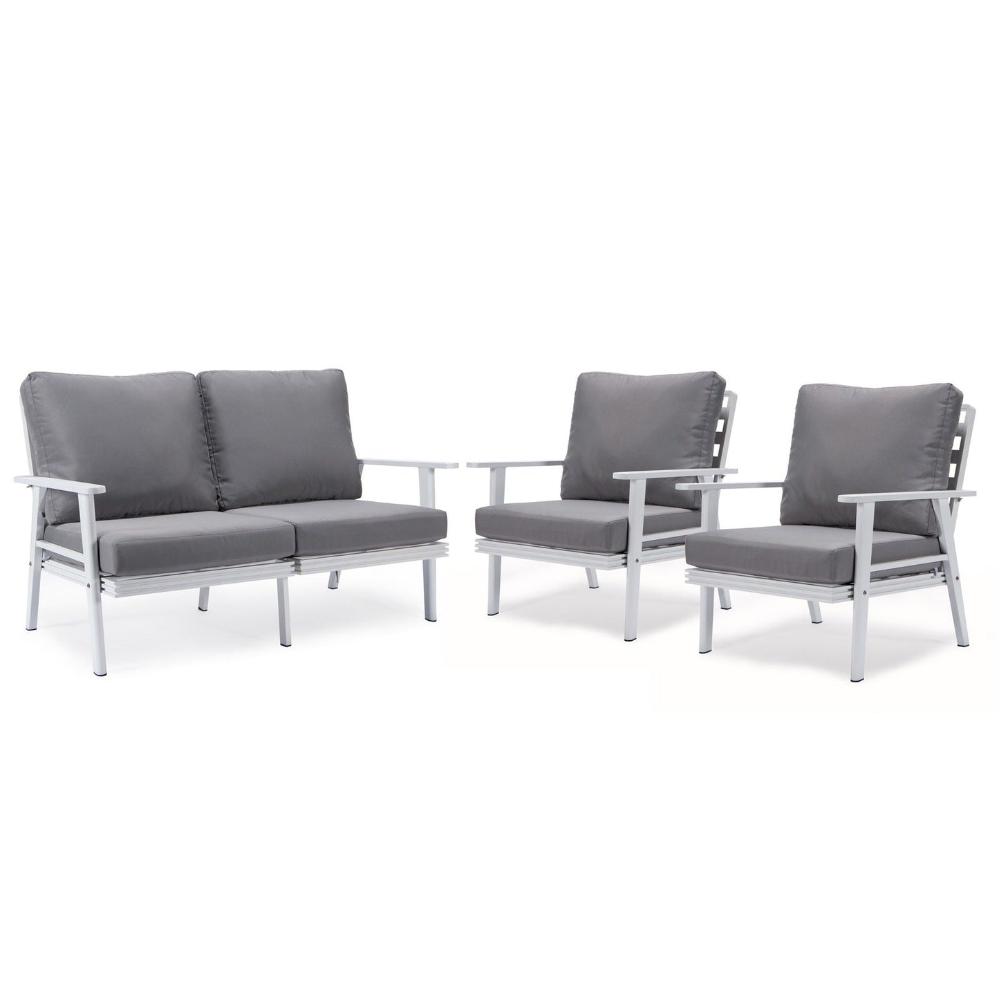 Walbrooke Modern 3-Piece Outdoor Patio Set with White Aluminum Frame and Removable Cushions Loveseat and Set of 2 Armchairs
