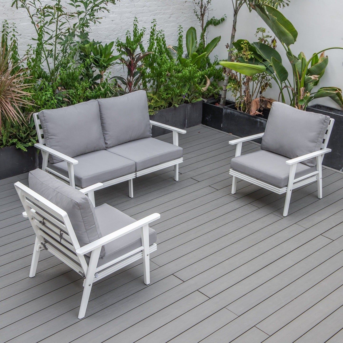 Walbrooke Modern 3-Piece Outdoor Patio Set with White Aluminum Frame and Removable Cushions Loveseat and Set of 2 Armchairs