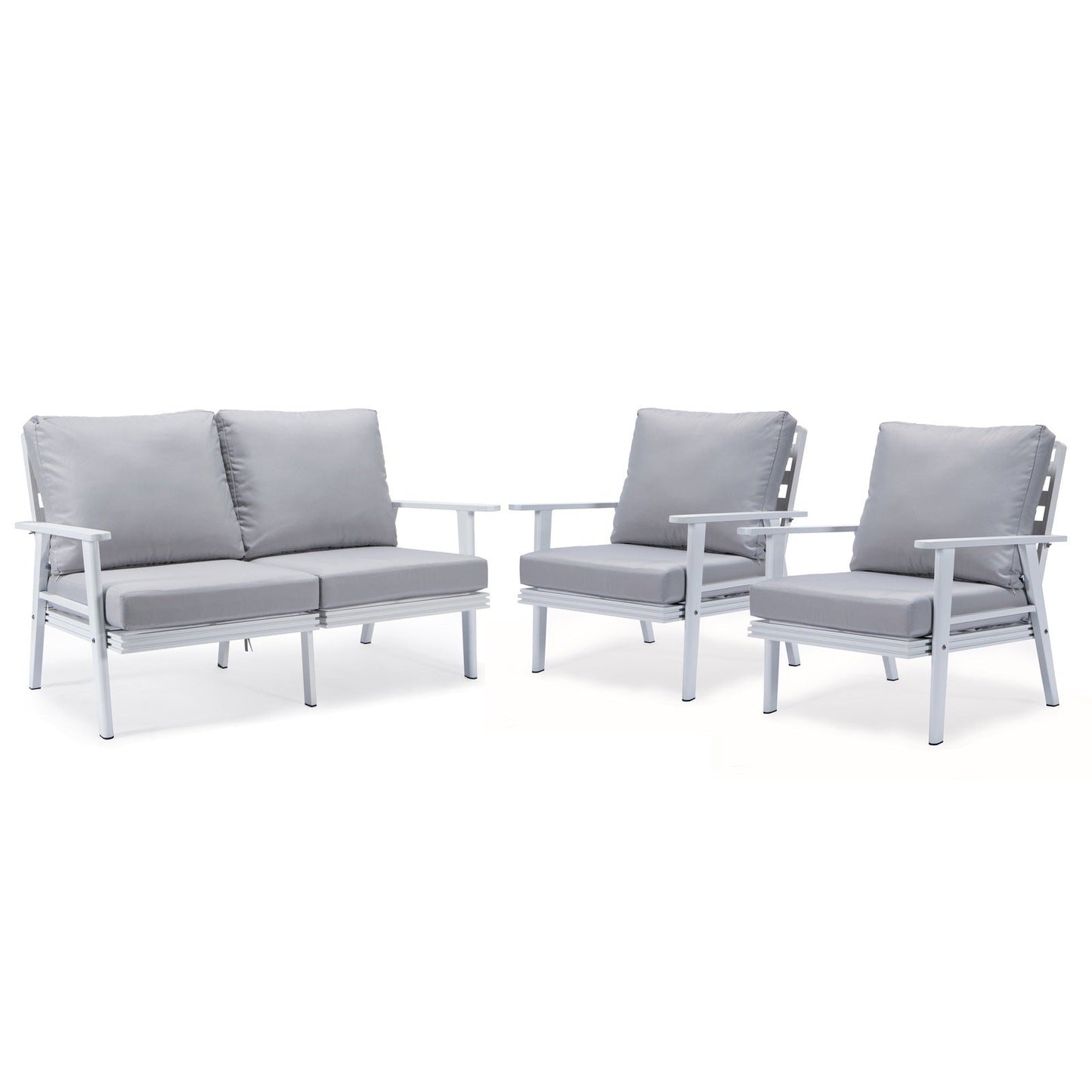 Walbrooke Modern 3-Piece Outdoor Patio Set with White Aluminum Frame and Removable Cushions Loveseat and Set of 2 Armchairs