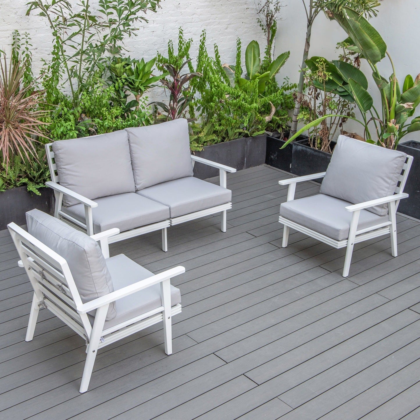 Walbrooke Modern 3-Piece Outdoor Patio Set with White Aluminum Frame and Removable Cushions Loveseat and Set of 2 Armchairs